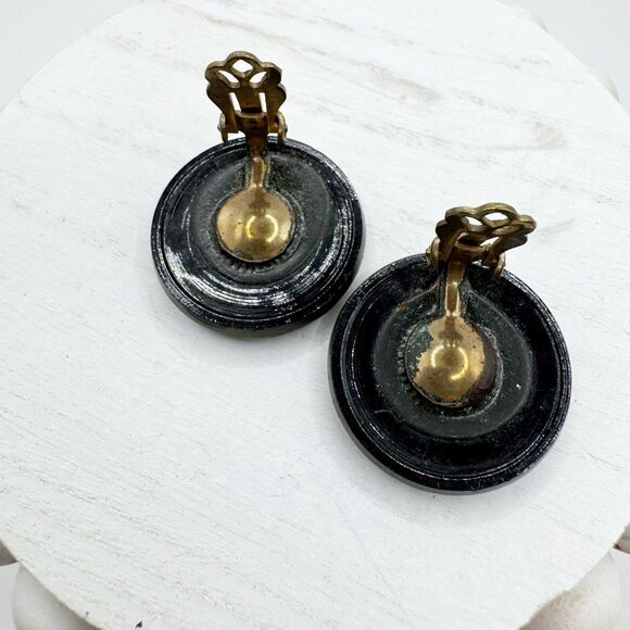 Vintage Czech Glass Black Copper Faux Marcasite Button Earrings Clip On Bohemian - Picture 3 of 5